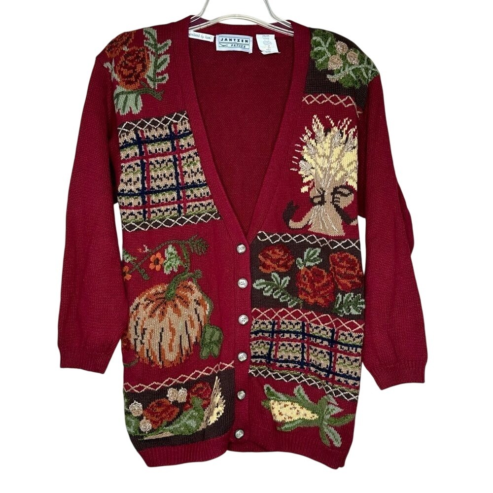 Jantzen Petite Vintage Burgundy Harvest Embroidered‎ Cardigan Sweater Womens L